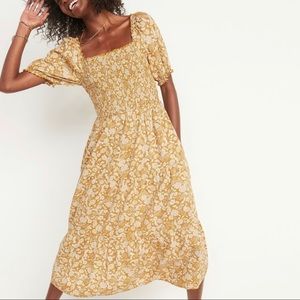 Fit & Flare Puff-Sleeve Tiered Floral Midi Dress